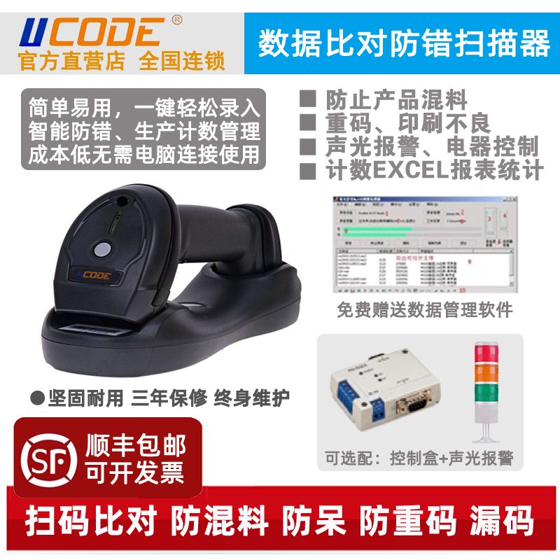 UCSCANバーコードQRコードスキャナデータ比較、欠落コード、重複コード、混入防止物質検出、エラー防止アラーム