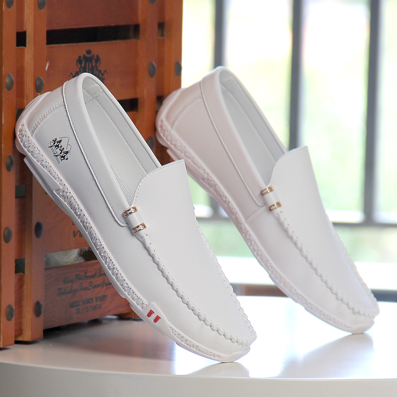 Genuine Leather White Loafers 2025 Korean Style Soft Leather Men's Slip-On Casual Leather Shoes Lazy Shoes Trendy White Shoes