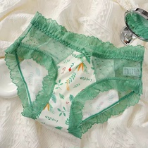 Japanese new pastoral style small floral ice silk seamless mid-waist underwear womens antibacterial sexy lace womens briefs