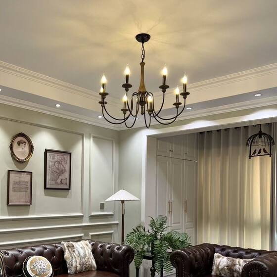 New Style American Retro Ash Wood Chandelier for Living Room, Bedroom, Dining Room, French Country-Style Homestay, High-End Candle Lamp