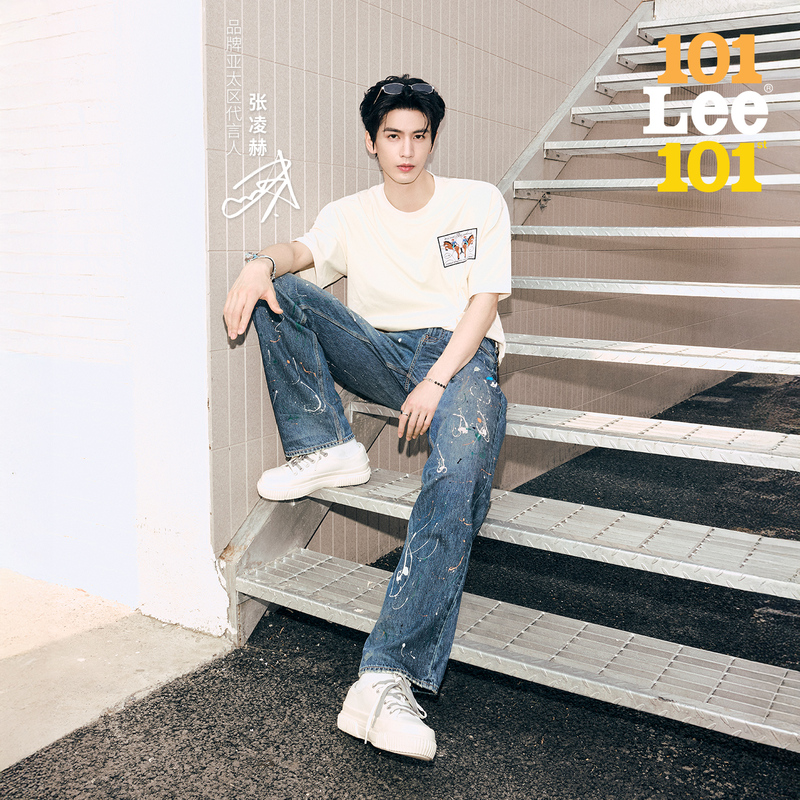 [Same Style as Zhang Linghe] Lee Mall Style 26 Years 101 Classic Straight-Leg Jeans Retro Splatter Ink Medium Blue Men's