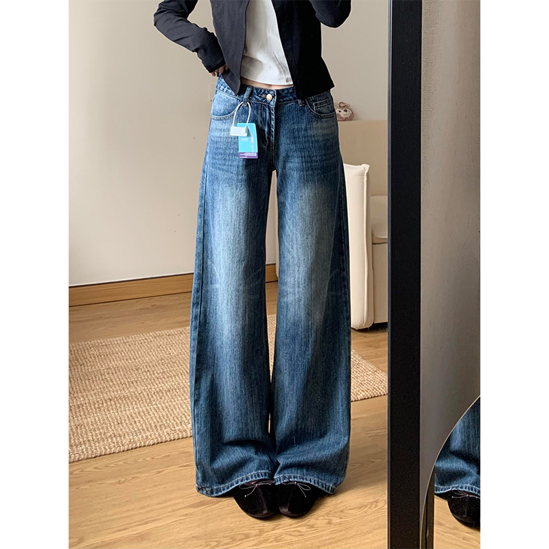 Petite American Retro Bamboo Pattern Wide-Leg Jeans for Women, Low-Waisted, Washed, Straight, Loose, Drapey, Floor-Length Pants