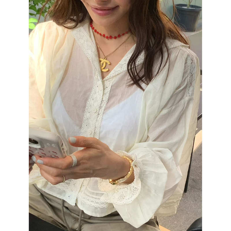 Tara “Rio Art” Fashionable Hollow-Out Crochet Long-Sleeved Shirt Yao Korean Purchasing Agent Y26062514