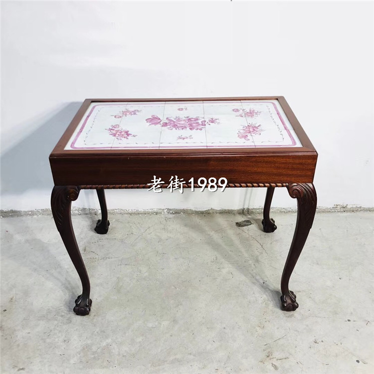 Vintage Shanghai-style tea table Teak old tea table Painted tile tabletop Tiger foot antique coffee table