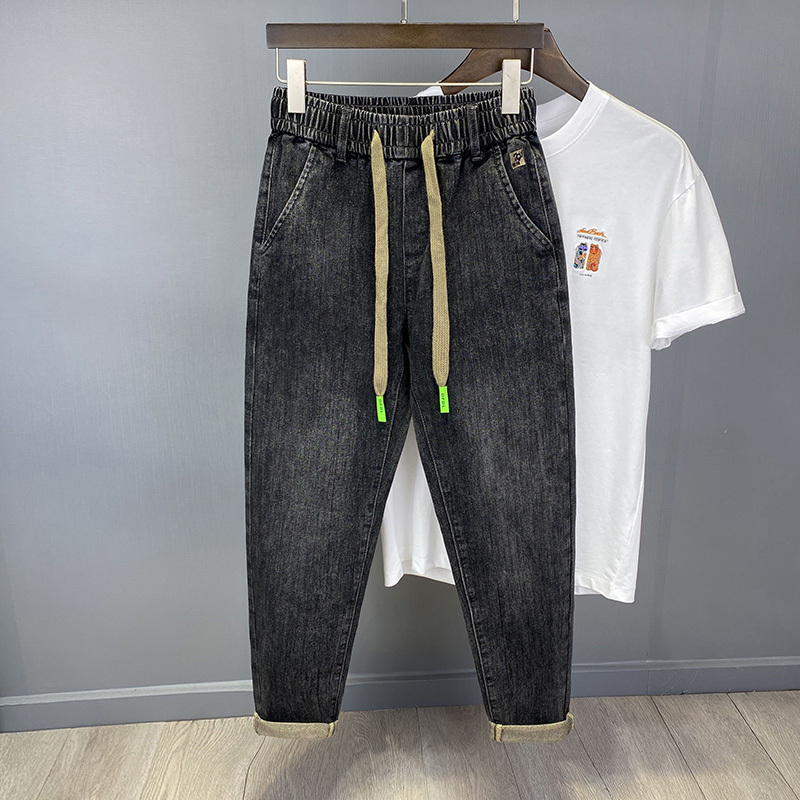 Summer Thin Elastic Waist Black Jeans for Men, Loose Fit, Slim Leg, Stretchy, Soft, Washed, Casual Harem Long Pants