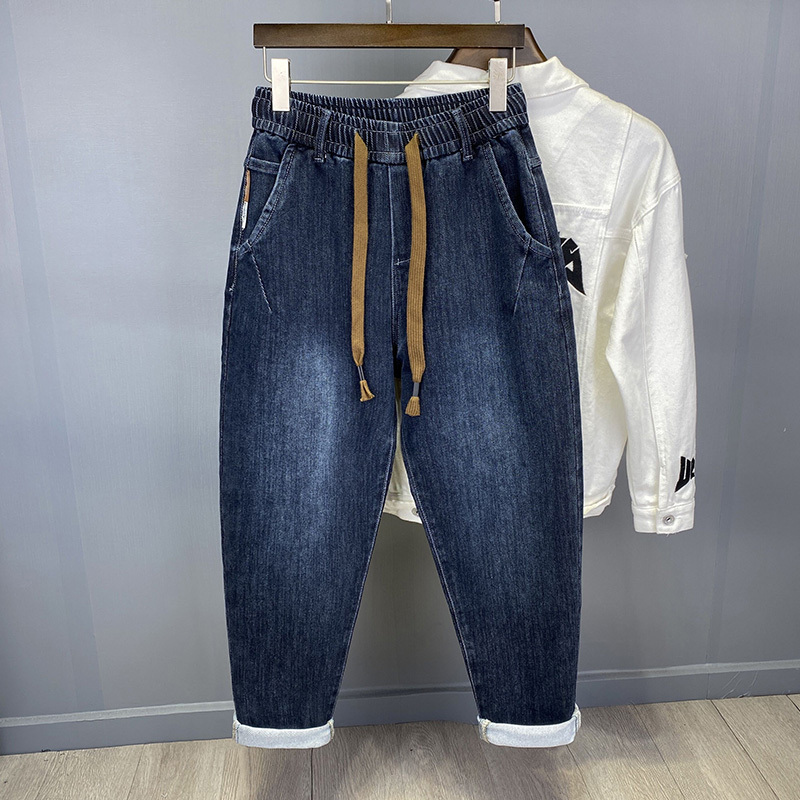 Summer Thin Elastic Waist Drawstring Jeans for Men, Loose Tapered Fit, Stretchy Versatile Harem Casual Long Pants