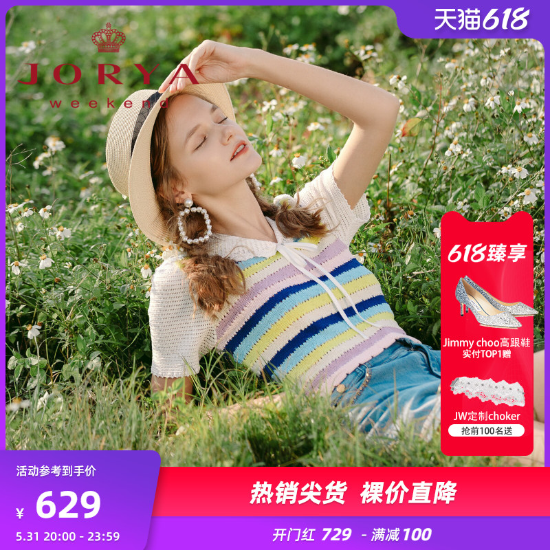 Not to be defined girl series) Chapo weekend 22 Summer sweetness navy collar Coloured striped short-knit jersey