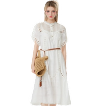 Zoya Weekend 2024 Summer New Round Neck Hollow Embroidered Belt A-Line Resort Style Dress EJWEBG68