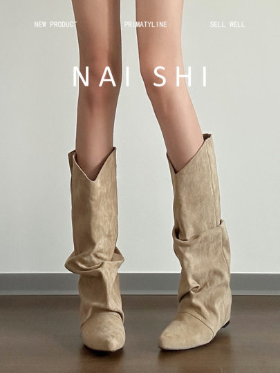 羊皮版！棕色西部牛仔靴百搭废土风堆堆靴女内增高显瘦复古长靴