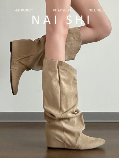 羊皮版！棕色西部牛仔靴百搭废土风堆堆靴女内增高显瘦复古长靴