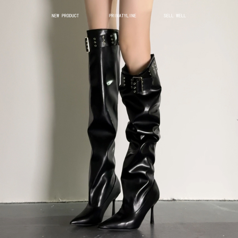 Sheepskin Version! Over-The-Knee Boots with Belt Buckle, Large Shaft, Slouchy Boots, Black Riding Boots for Women, Pointed Toe, Stiletto High Heel Boots