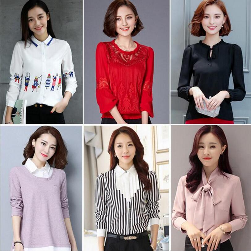 Bán buôn gian hàng cung cấp mùa xuân và mùa hè phụ nữ Hàn Quốc dài tay voan áo sơ mi nữ ren áo sơ mi hàng đầu lỏng kích thước lớn các kiểu áo sơ mi họa nữ đẹp