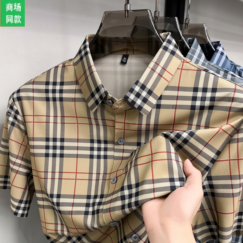 British Burberry Men's Short-Sleeved Shirt, Mulberry Silk, Middle-Aged Fashion Casual Plaid High-End Shirt Top