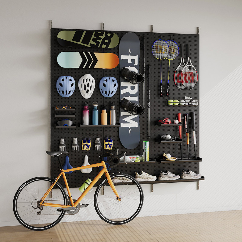 Perforated Board Outdoor Equipment Metal Storage Wall Rack for Badminton Rackets, Wall-Mounted Cycling Gear Assembly, Full Wall Storage Display Rack