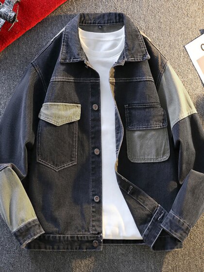 高级感牛仔外套男春季帅气青少年翻领工装夹克帅气初高中学生衬衣