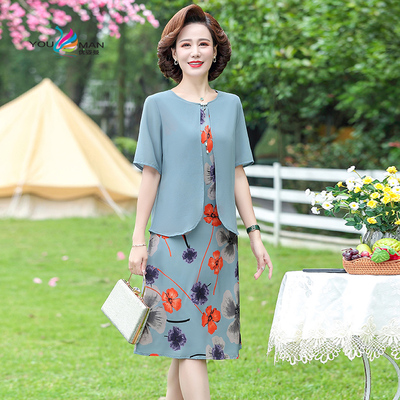 气质雪纺妈妈假两件连衣裙