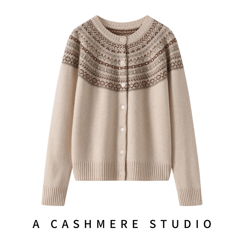 Light Luxury~ Autumn and Winter Fair Isle Jacquard Cashmere Sweater for Women, Round Neck, Loose, Thick Knitted Cardigan Coat Sweater