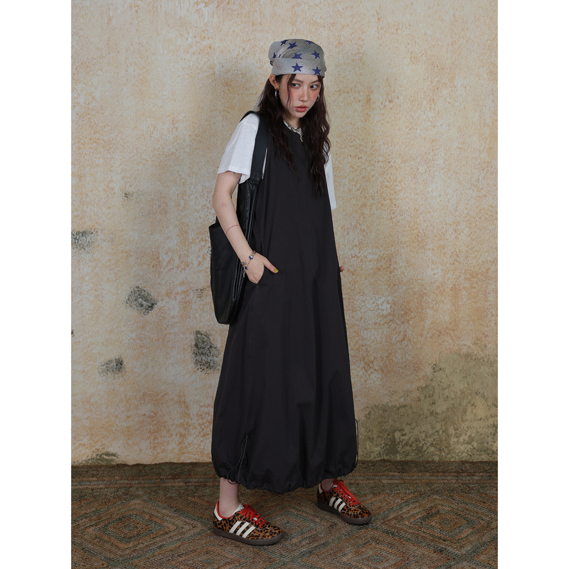 Dr Drawstring Floral Skirt Hem Design A-Line Workwear Tank Dress Women's Summer Long Dress Black and Gray