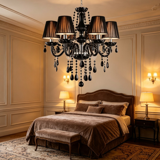 Black Crystal Lamp, Simple European-Style Crystal Chandelier, Living Room Dining Room Lamp, Bedroom Lamp, Led Lighting Fixtures with Lampshade