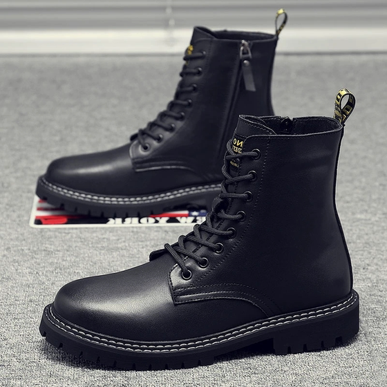 
Boots men's black Martin boots men's British style high-top thick-soled spring and autumn work boots winter plus velvet leather men's boots