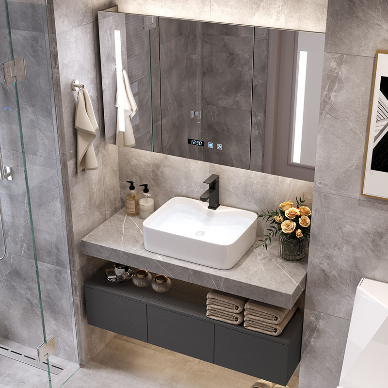 Simple Rock Board Bath Cabinet Combination Light Lavish Mirror Cabinet Integrated Suit Modern Makeup Room Hand Wash Washbasin Wash Table