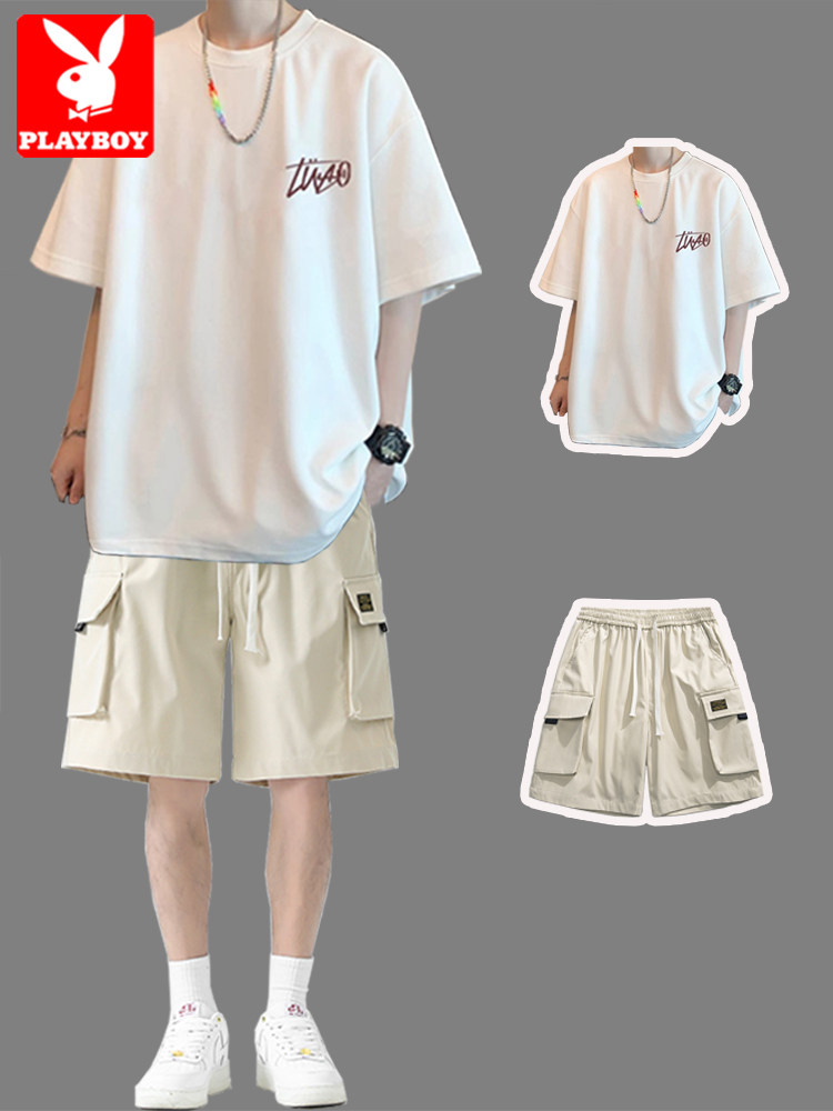 Playboy Men's Summer Outfit T-Shirt Men's Summer Set Trendy Brand Cool Half-Sleeve Set Trendy Combination