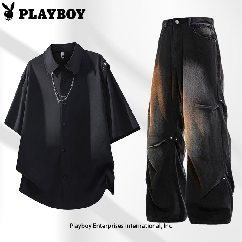 Playboy American High Street Style Regular Shoulder Short-Sleeved Shirt Set for Men, Summer Design Casual Jeans Two-Piece Set Playboy American High Street Style Regular Shoulder Short-Sleeved Shirt Set for Men, Summer Design Casual Jeans Two-Piece Set