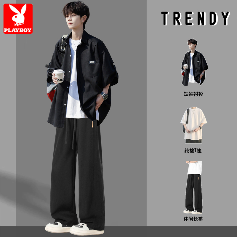 Black Ice Silk Short-Sleeved Shirt Men's Summer Outfit Set Trendy Brand Half-Sleeved Casual Jacket Men's Matching Set