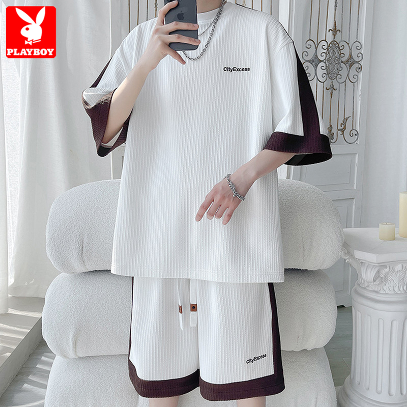 Playboy Men's 2026 Summer Short-Sleeve Casual Set White Contrast Color Trendy Sports Summer Outfit Set