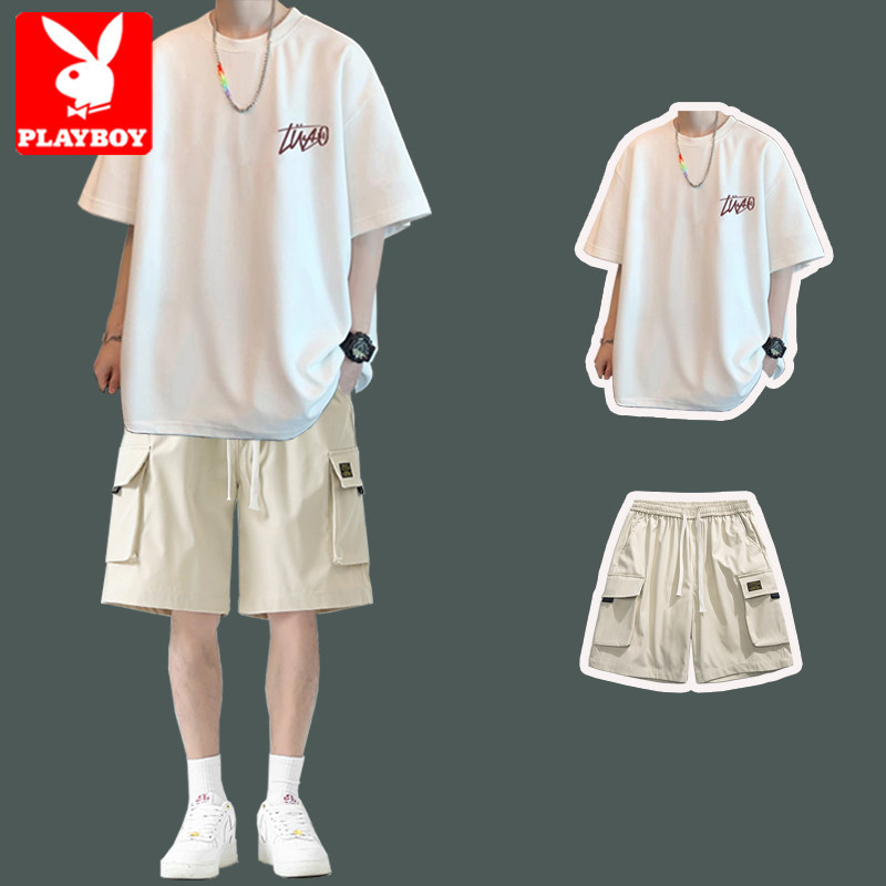 Playboy Men's Summer Outfit T-Shirt Men's Summer Set Trendy Brand Cool Half-Sleeve Set Trendy Combination