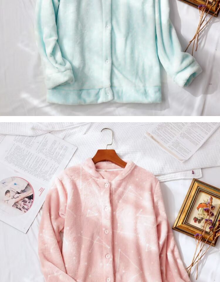 Đồ ngủ nữ đơn mảnh flannel ngọn mùa thu và mùa đông dày cộng với nhung không cổ ấm ngọn ngọt cổ tròn lông cừu san hô đồ ngủ nam