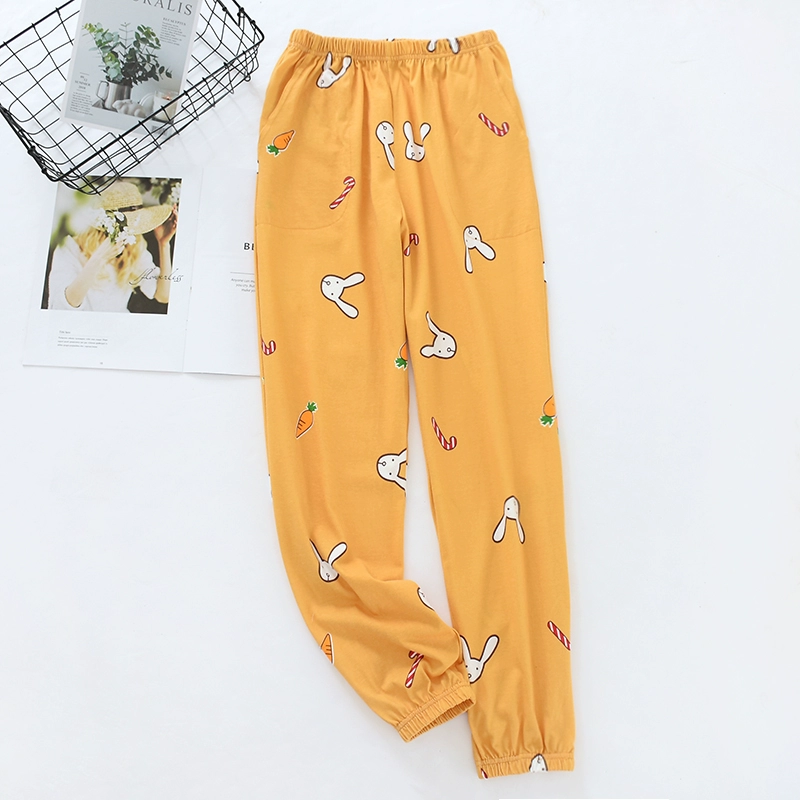 Bộ đồ ngủ cotton của phụ nữ mùa xuân và mùa hè mỏng phần dệt kim chân nhỏ chân kín miệng quần nhà rộng quần rộng kích thước lớn có thể được mặc bên ngoài - Quần tây