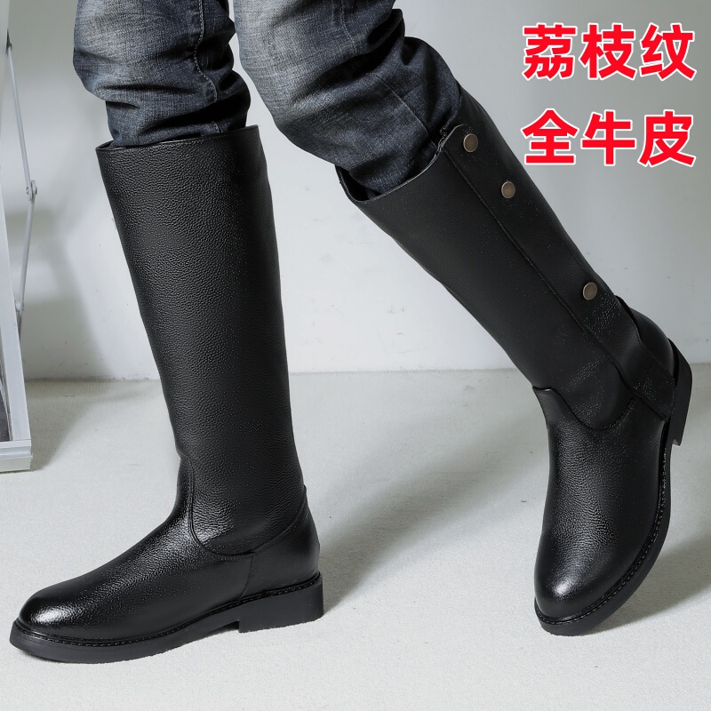 Full Leather High-Top Riding Boots, Genuine Leather Long Boots, First-Layer Cowhide Breathable Equestrian Boots, Winter Fleece-Lined Knight Boots