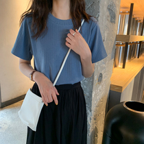 Summer dress Han version Teenage Girl Feeling Foggy Blue Ice Silk Short Sleeve T-shirt Woman Minus age Loose Color-knitted sweatshirt foreign air blouse