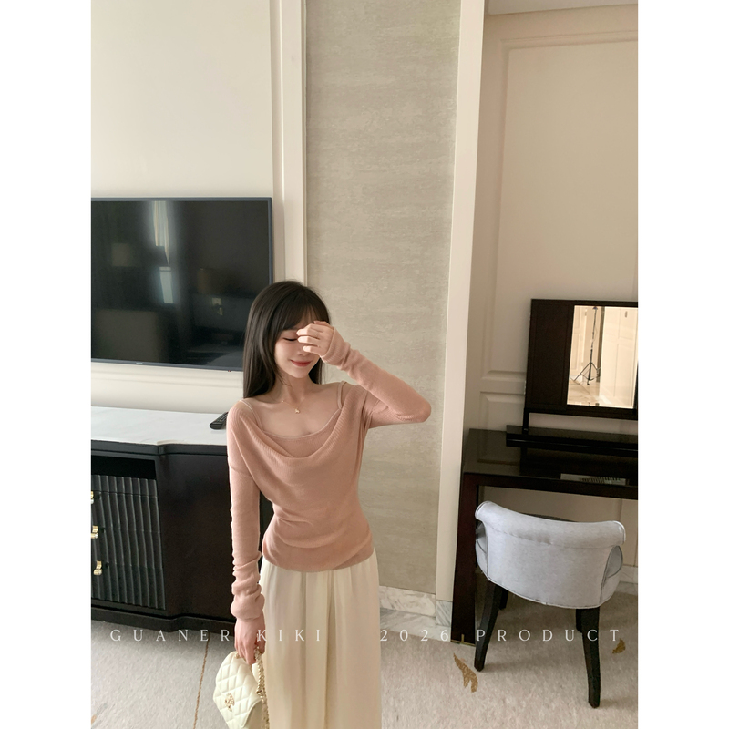 Guanei Kiki Love Diary French-Style Two-Piece Wool Blend Cowl Neck Knit Long-Sleeve Top T-Shirt for Women