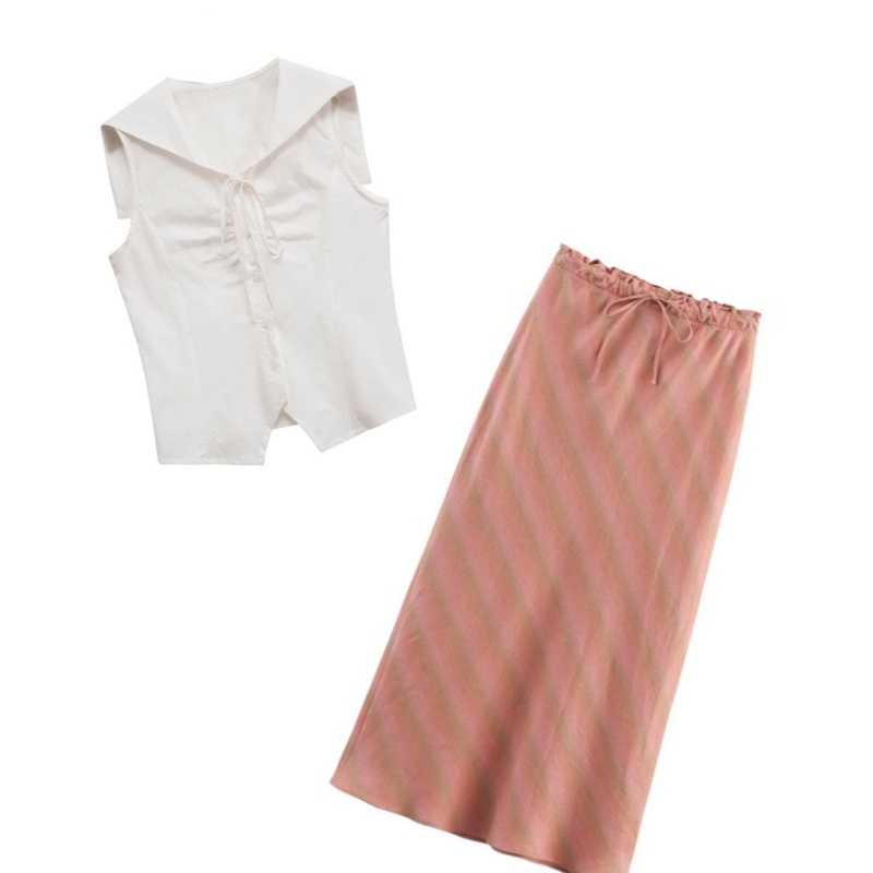 Love Letter to Grandma: Xie Nanzhi's Same Style Navy Collar Retro Sleeveless Shirt + Cotton-Linen Orange Skirt Set