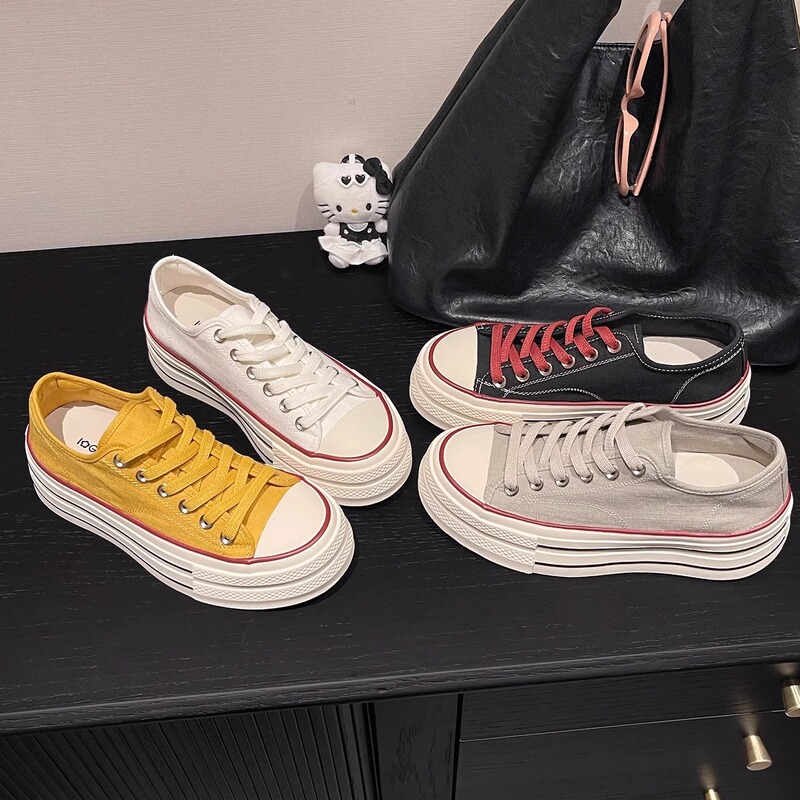 Italy Sanli~ Round-Toe Linen Thick-Soled Height-Increasing Canvas Shoes for Women, New Korean Style Versatile Low-Top Casual Sneakers