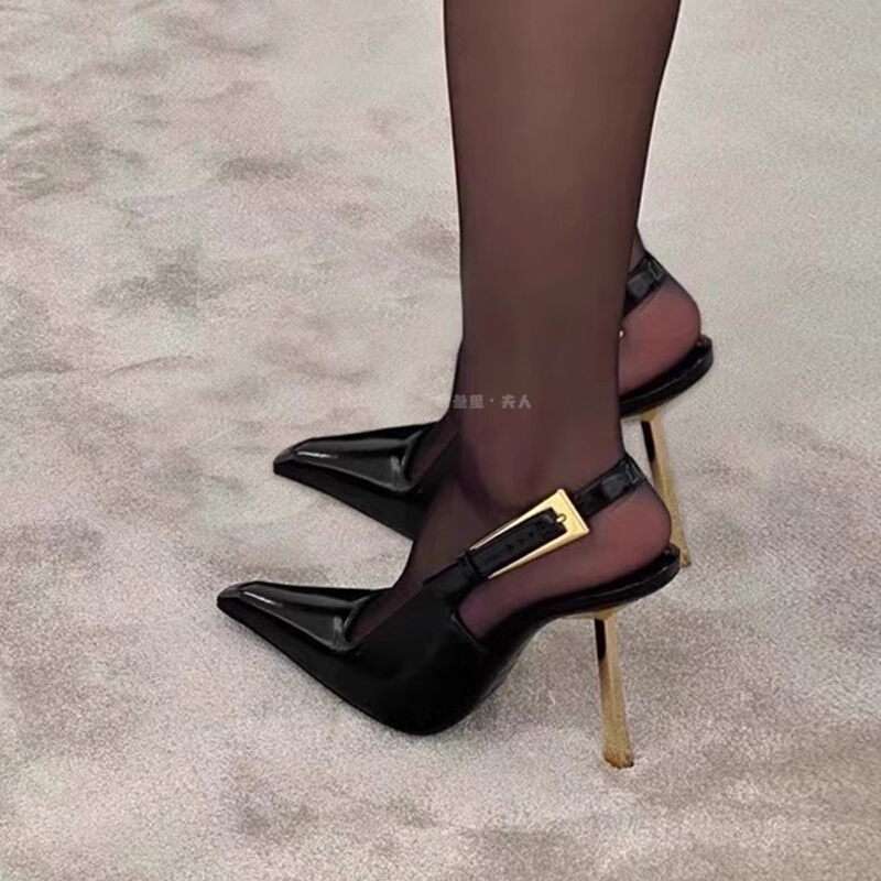 Italy Sanli~ Pointed Toe Stiletto High Heels for Women, New French Style Patent Leather Sexy Metal Toe-Cap Sandals