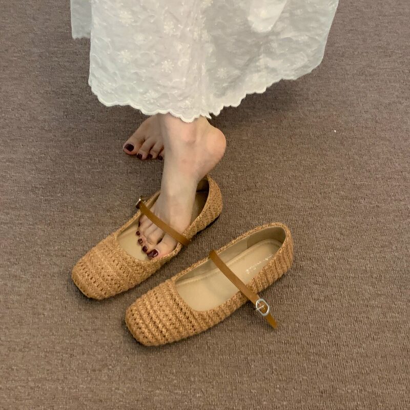 Italy Sanli~ Fashionable Woven Square-Toe Mary Jane Shoes for Women, New Style with a Single Strap, Soft Sole, Comfortable Shallow Mouth Single Shoes