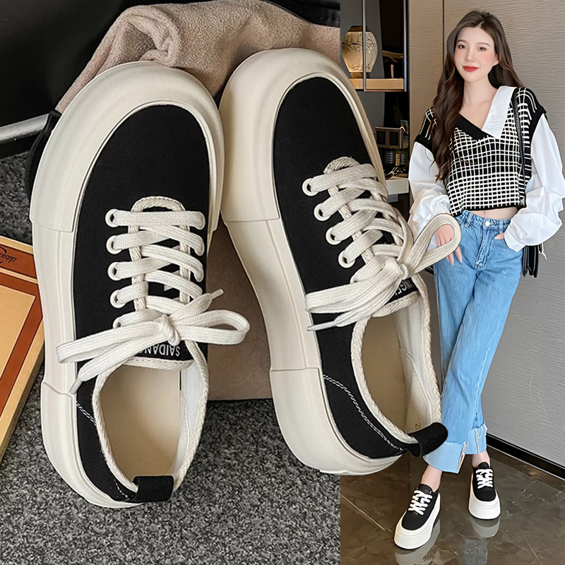 Italy Sanli~ Thick-Soled Breathable Versatile Canvas Shoes for Women, Thin Single Shoes, Round Toe Lace-Up Sports Casual Sneakers