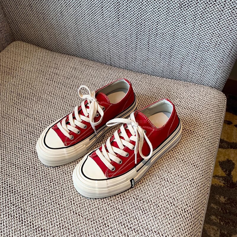 Italy Sanli~ Round-Toe Thick-Soled Low-Top Canvas Shoes for Women, New Retro Versatile Fashion Lace-Up Casual Sneakers