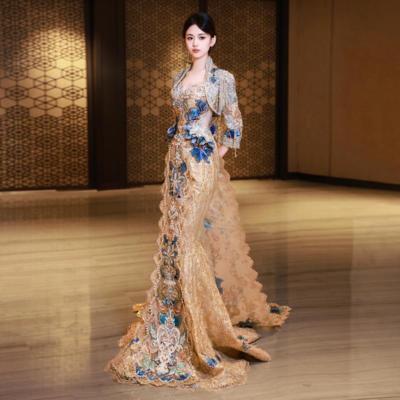 Champagne Gold and Blue Xiuhe-Style Wedding Dress 2025 New Heavy-Beaded Trailing Bride Wedding Toast Dress Chinese-Style Wedding Gown Winter Version