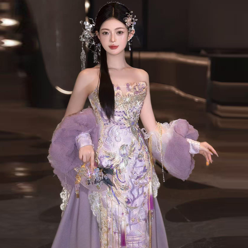 Bridal Toast Dress 2025 New Style New Chinese Engagement Banquet Dress with Train for Women, High-End Summer Luxury Feel