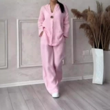 Летний комплект, рубашка, штаны, большой размер, из хлопка и льна, высокая талия