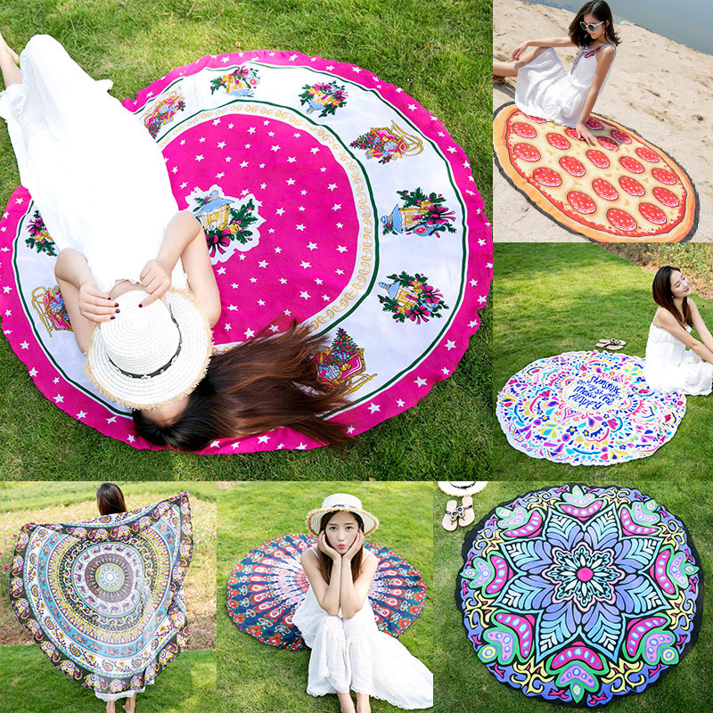 Printed Round Beach Towel Blanket Cushion Yoga Mat Wrap Shawl Seaside Vacation Mat Beach Blanket