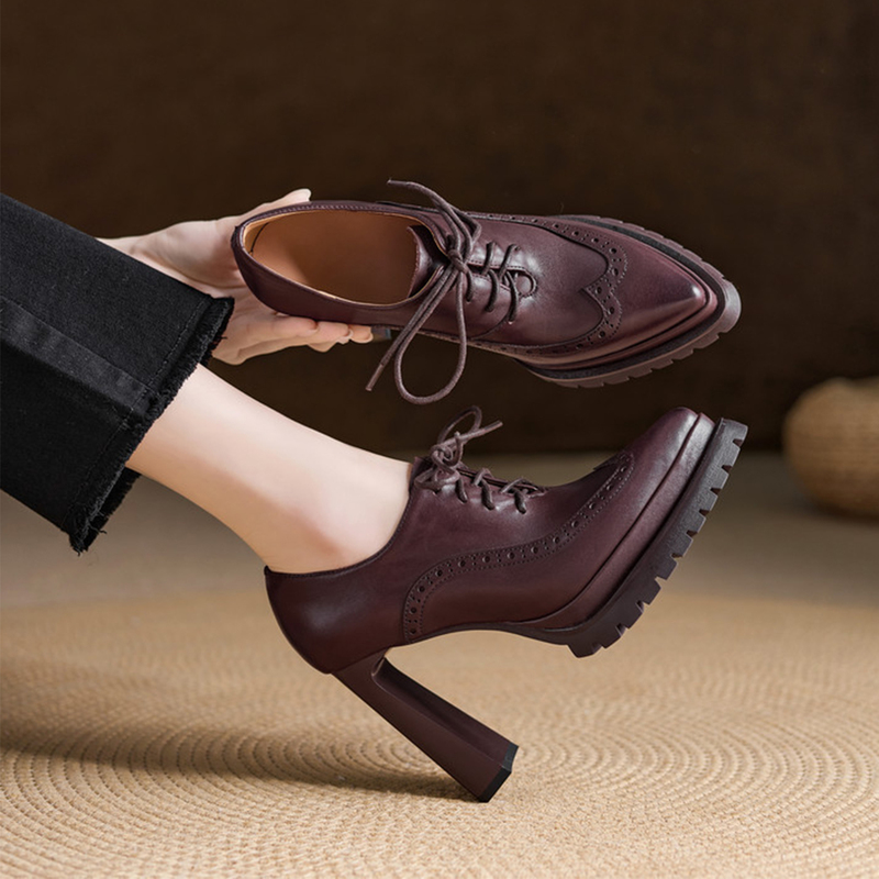 Retro Pointed-Toe Lace-Up Small Leather Shoes for Women 2026 Spring & Fall Ultra-High-Heeled Genuine Leather Flats Thick-Soled Brown Deep-Cut High-Heeled Shoes