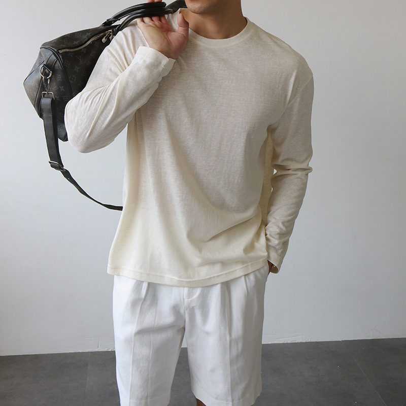 Gbhp Cool Technology 170g Lyocell Solid Color Long Sleeve T-Shirt for Men and Women, Linen and Mulberry Silk Round Neck Base Shirt