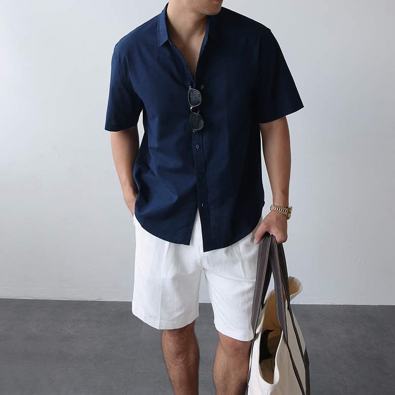 Gbhp High-End Comfortable Linen Short-Sleeve Shirt for Men, Old Money Style, Loose Casual Thin Solid Color Shirt for Summer