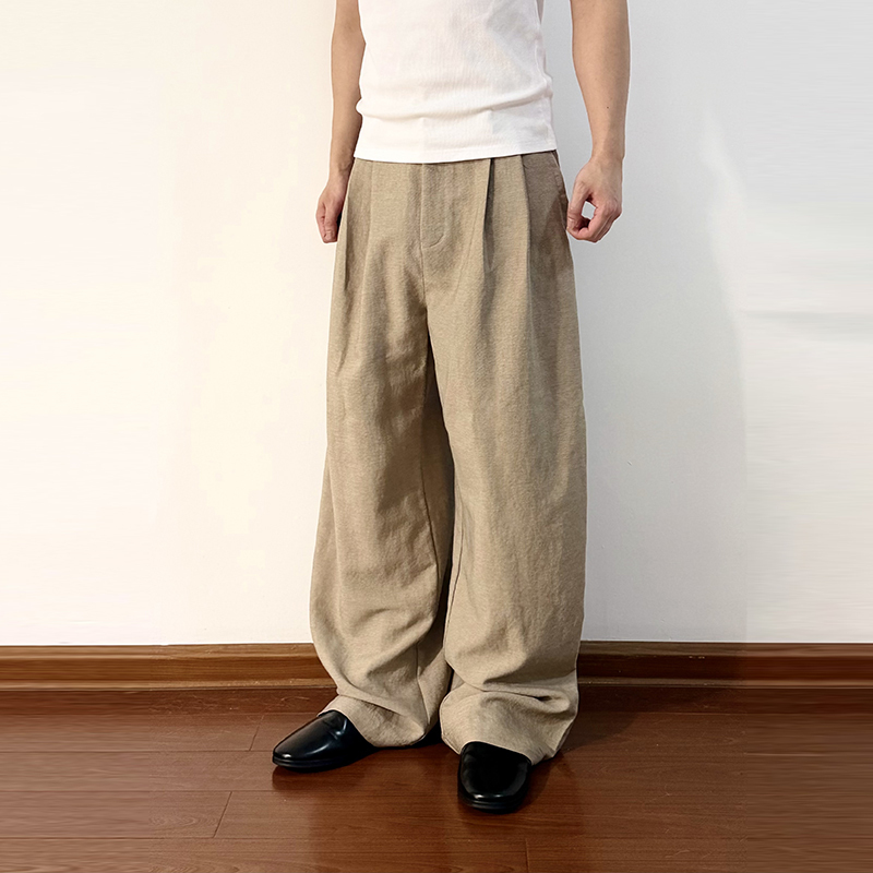 Gbhp Lyocell Wool Casual Pants for Men, Spring Season, High-End Commuting Style, Loose Fit, Versatile, Double Pleated, Straight Wide-Leg Trousers