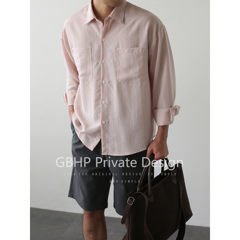 Gbhp Old Money Style Lyocell Linen Shirt for Men, Summer Casual Simple Curved Hem Layered Loose Long-Sleeve Shirt